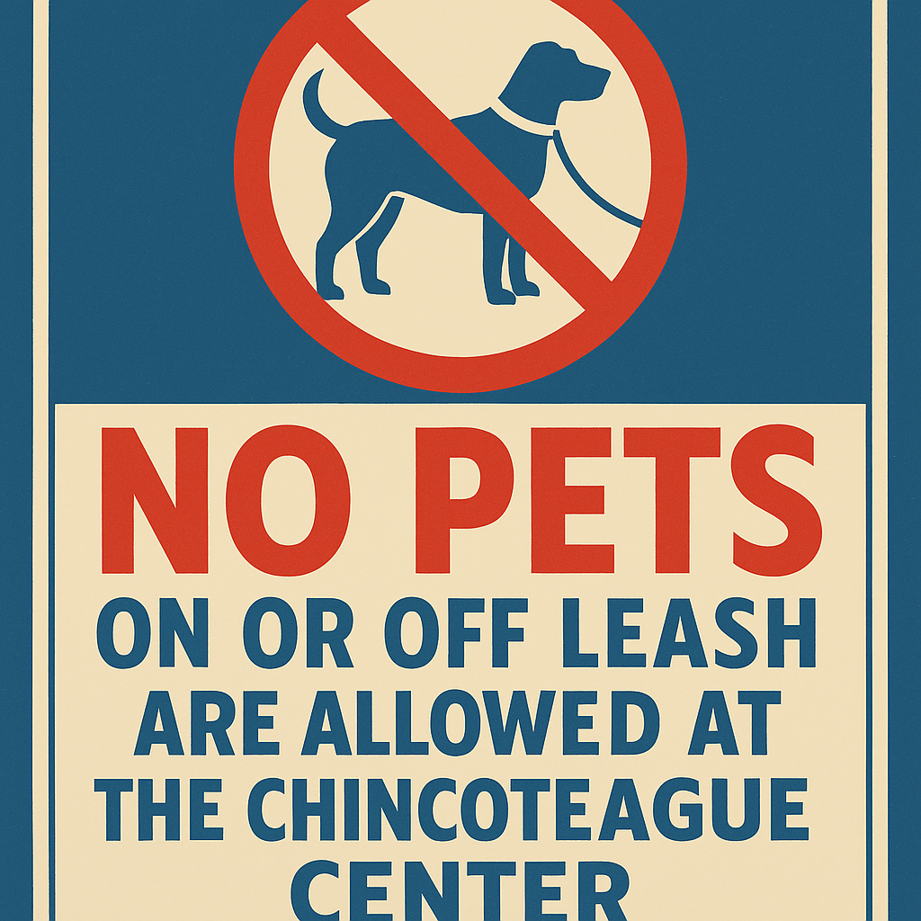 No Pets on or off leash. Support Animals allowed. Chincoteague Center Policy